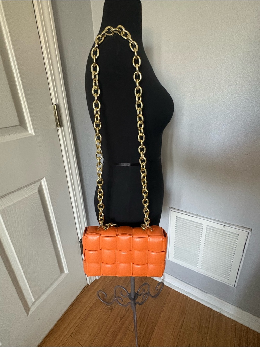Woven Leather-like Chain Shoulder Bag - Orange OS